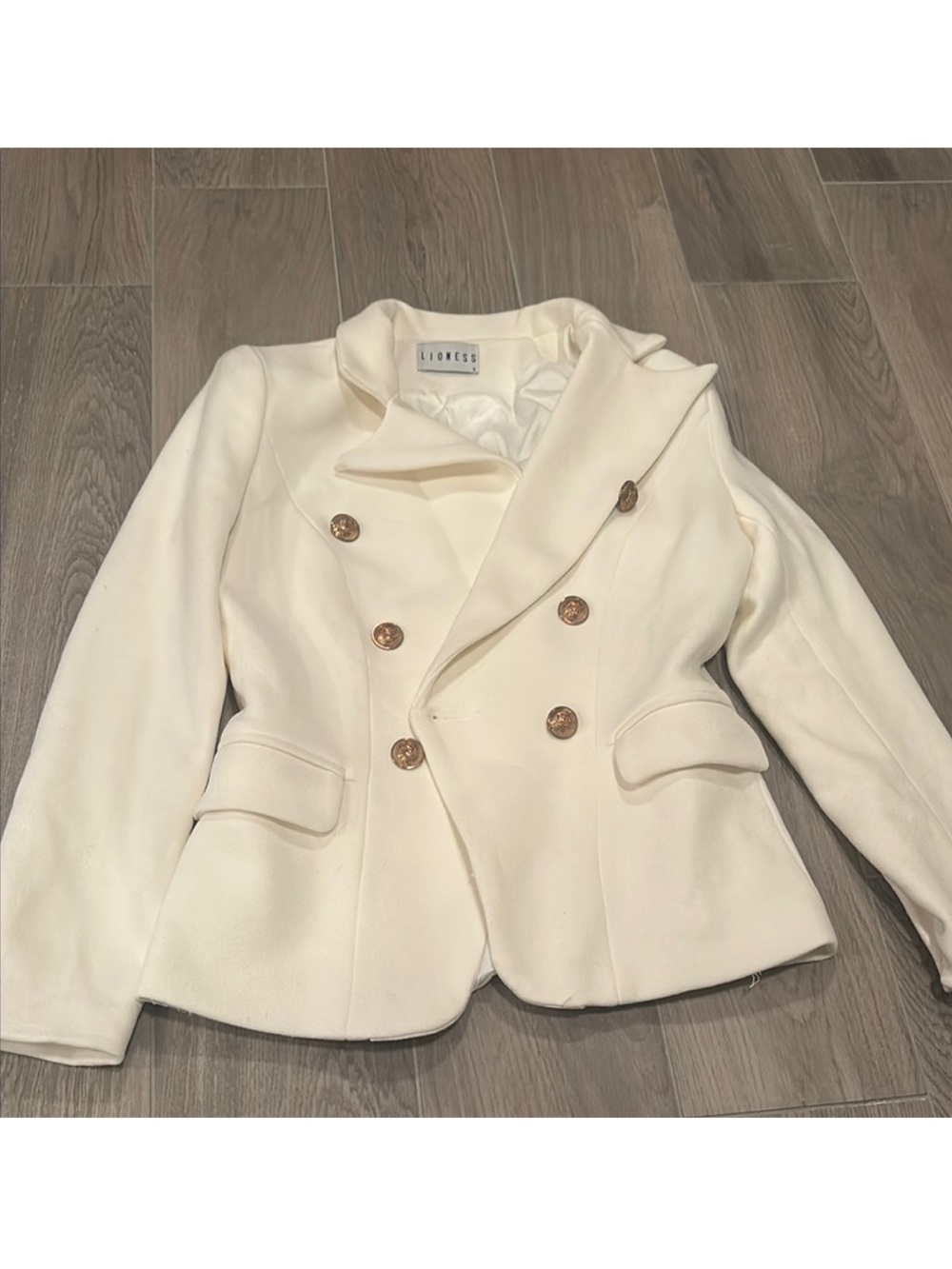 Lioness Palermo gold button blazer in white.